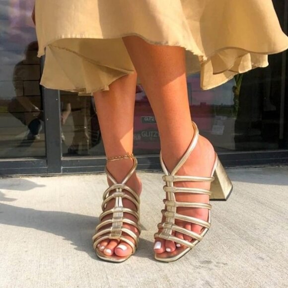 Free People Colette Cinched Gold Preppy Block Strappy‎ Heel Size 37 (6.5) - Picture 1 of 6